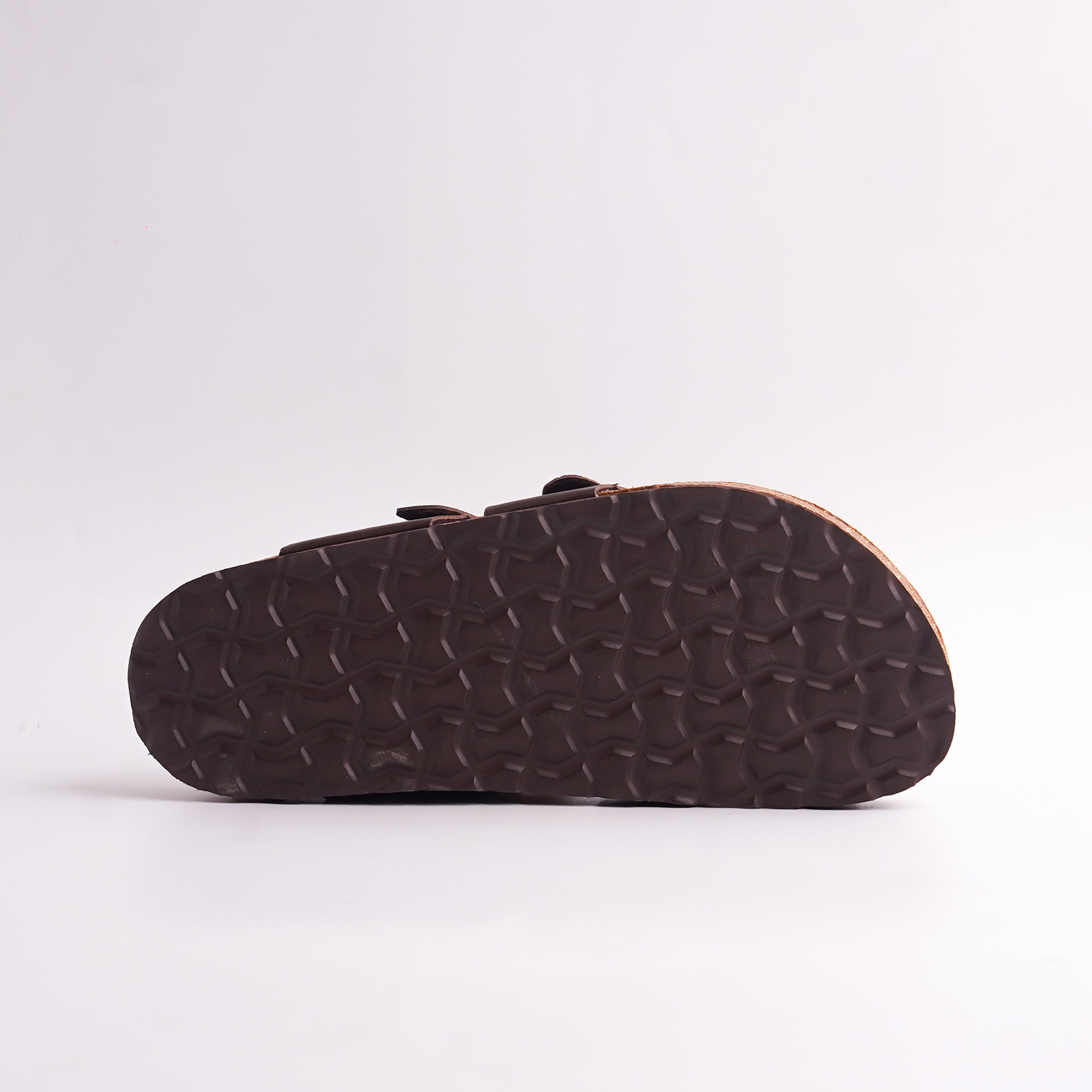 backside view sof Dark Brown Cork Footbed Sandal showing the Nicola Natural Antibacterial branding and suede-look lining.