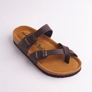 Close-up of Dark Brown Cork Footbed Sandal showing the Nicola Natural Antibacterial branding and suede-look lining.