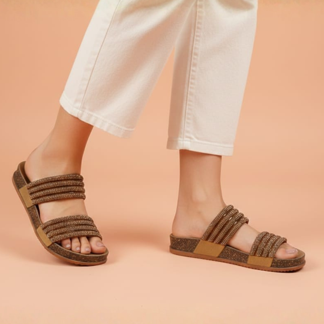 Alayna Fashion | Women’s Shimmering Multi-Strap Cork Slides – Ergonomic Bling Festive Flats