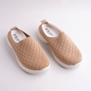 Alayna Fashion pair of Taupe Knit Slip-On Mules with quilted pattern, top view.