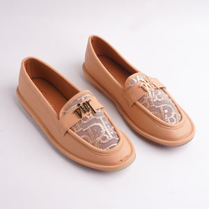 Alayna Fashion pair of Nude Tan Loafers with embroidered mesh and gold designer logo, top view.