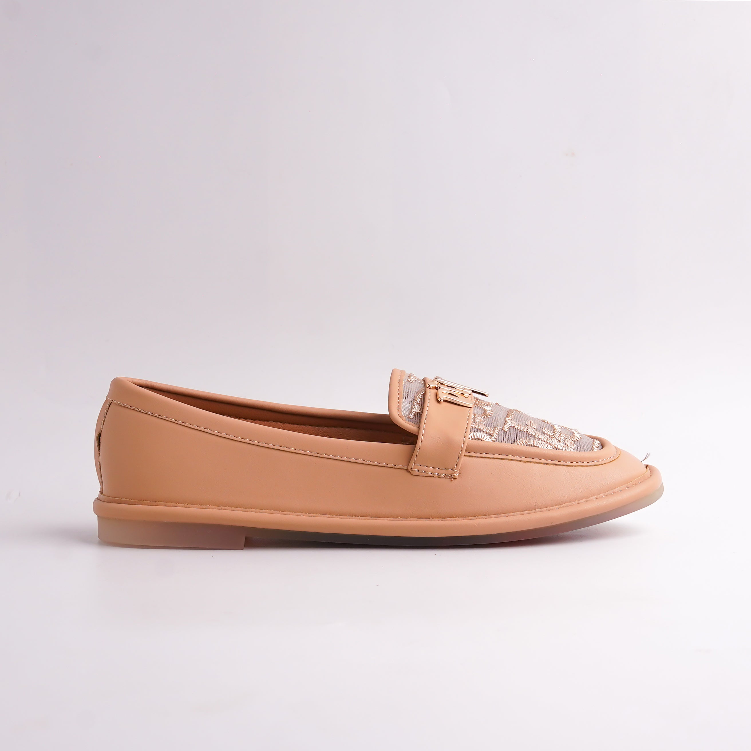 Side profile of Nude Tan Loafer showing smooth leather-look upper and flat heel, elegant flats.