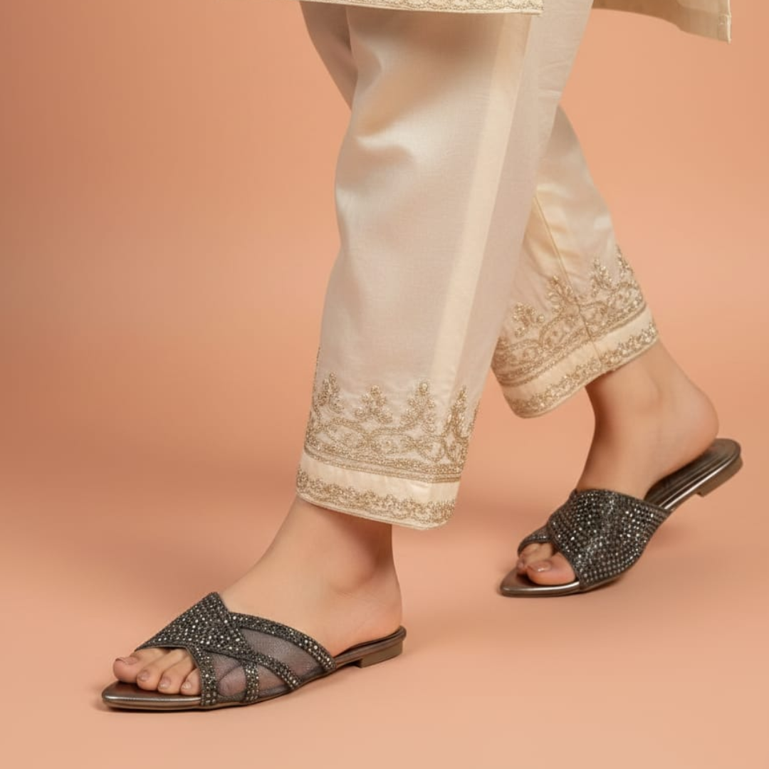 Alayna Fashion | Women’s Shimmering Criss-Cross Slides – Elegant Embellished Festive Flats