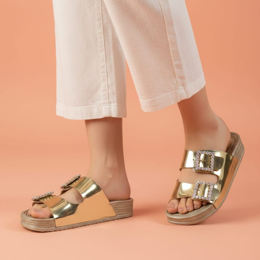 Alayna Fashion | Luxe Crystal-Buckle Double Strap Slides – Glossy Metallic Party Flats