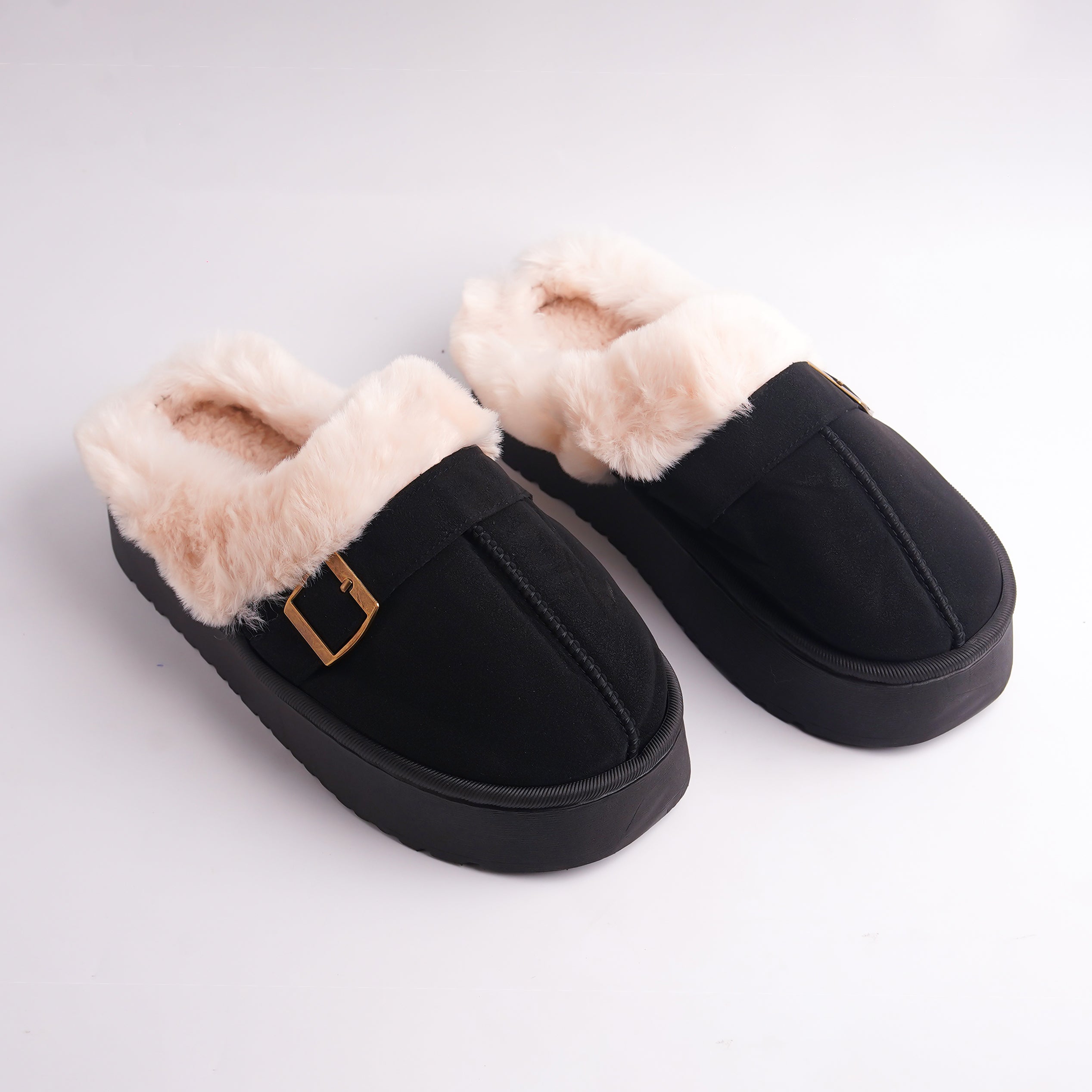 Alayna Fashion pair of Black Faux Fur Lined Mules with gold buckle, closed-toe winter slippers.