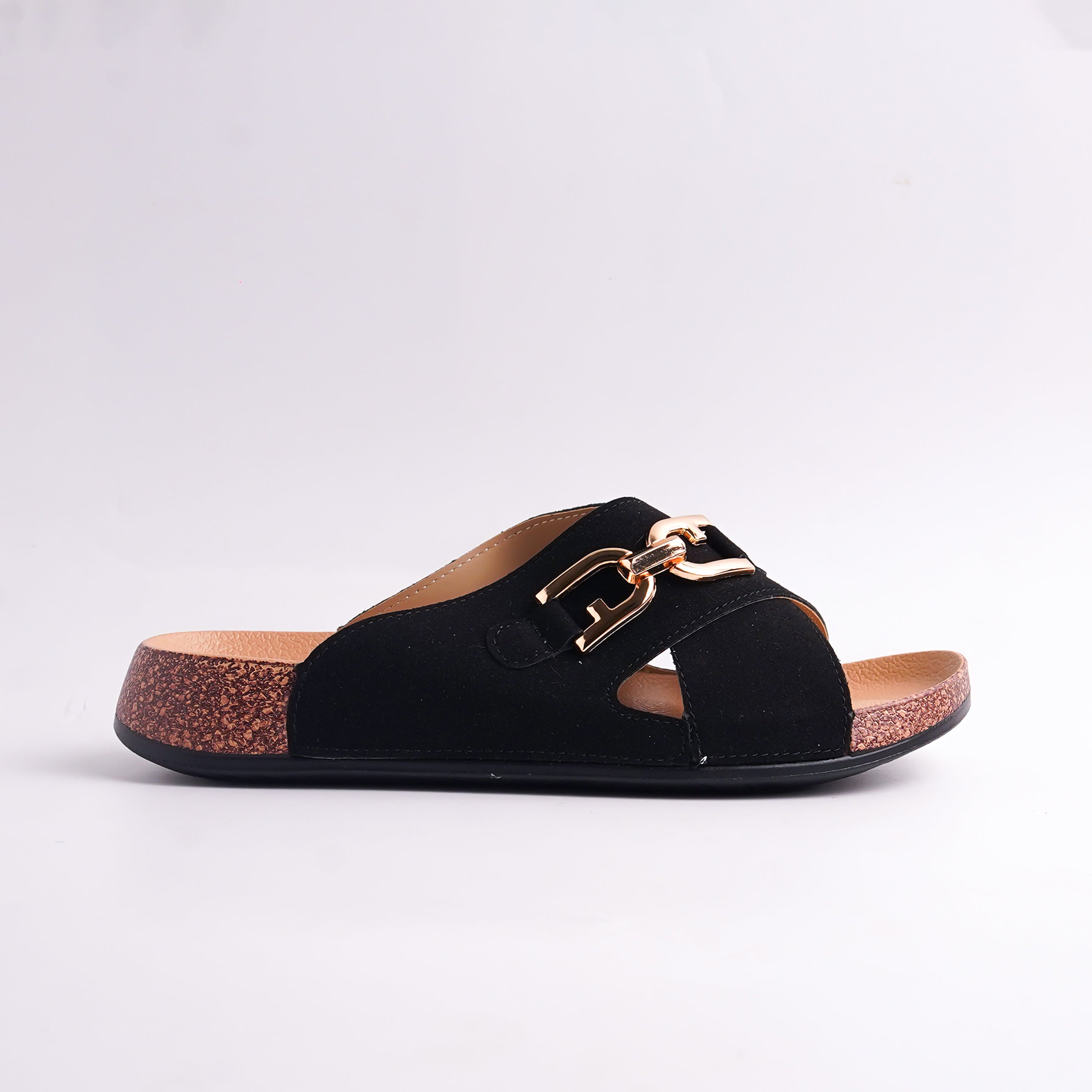 Black sandal with gold buckle on a white background