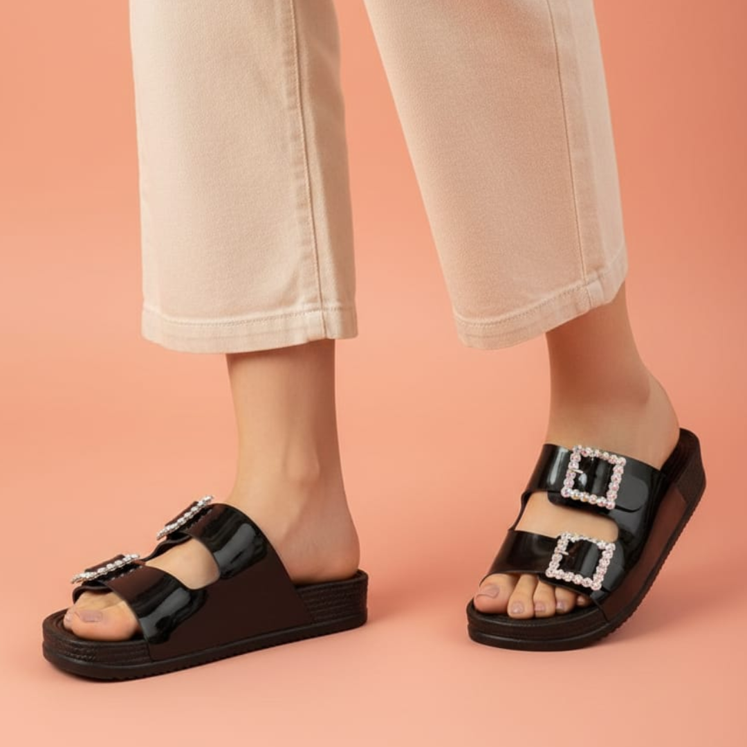 Alayna Fashion | Luxe Crystal-Buckle Double Strap Slides – Glossy Metallic Party Flats