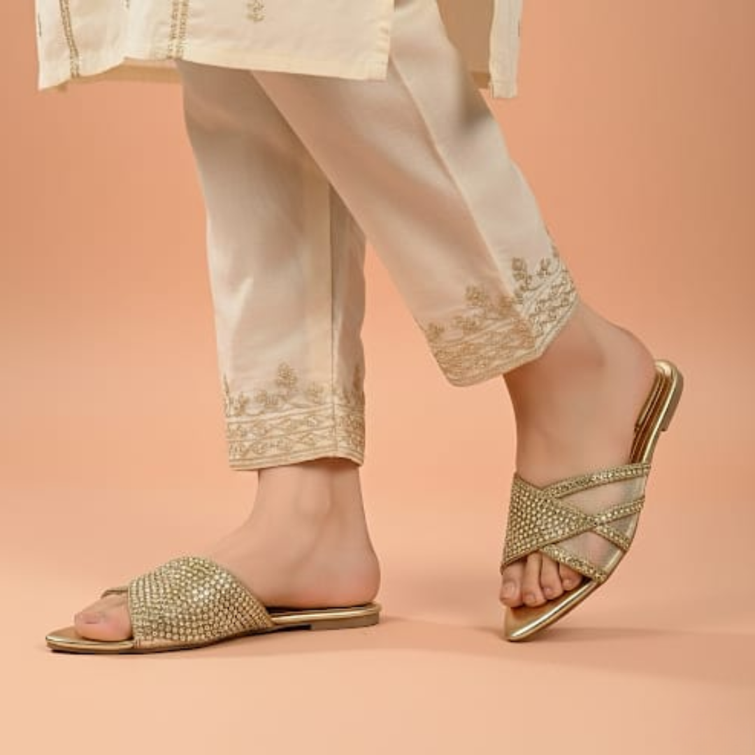 Alayna Fashion | Women’s Shimmering Criss-Cross Slides – Elegant Embellished Festive Flats