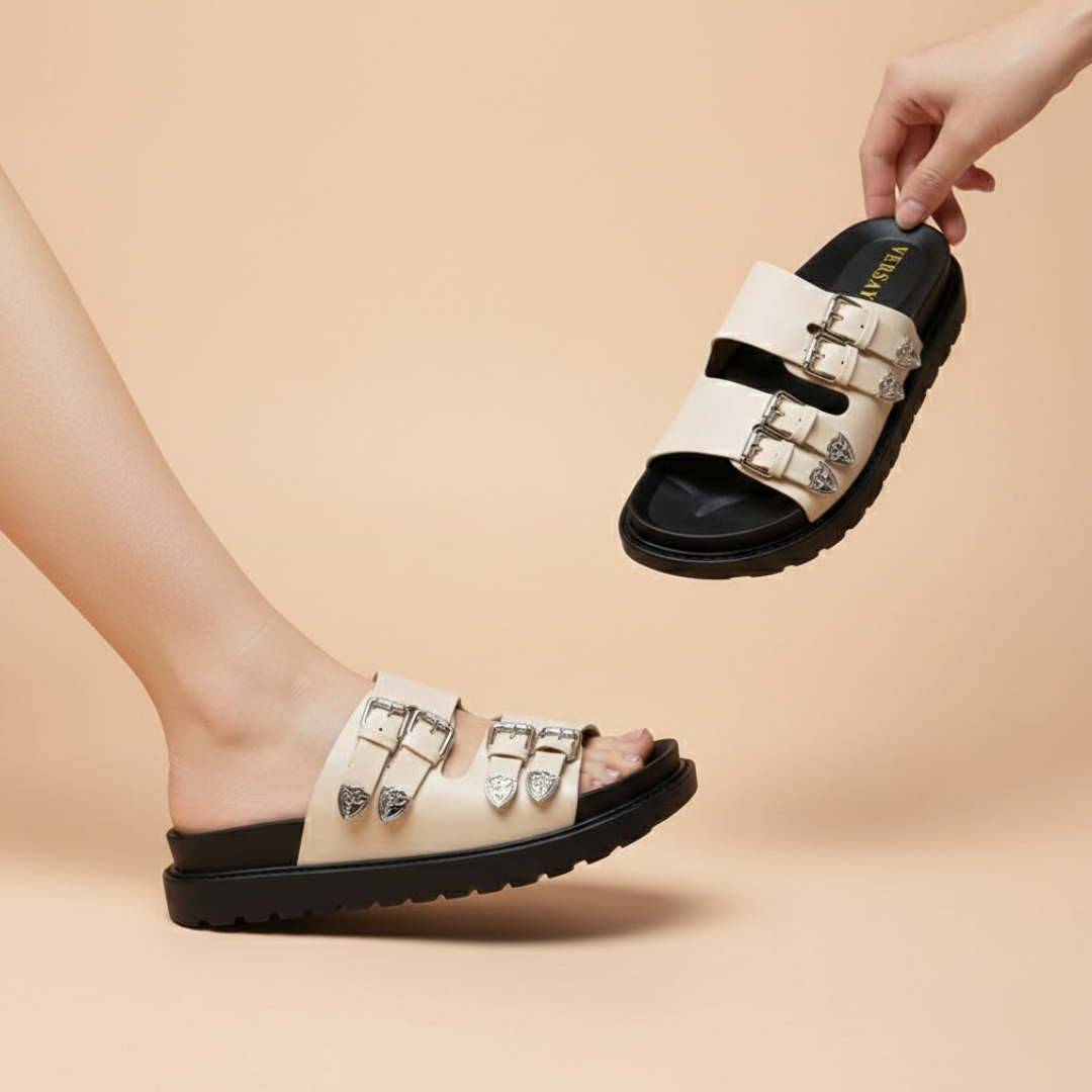 Alayna Fashion | Western Heart-Buckle Double-Strap Platform Slides
