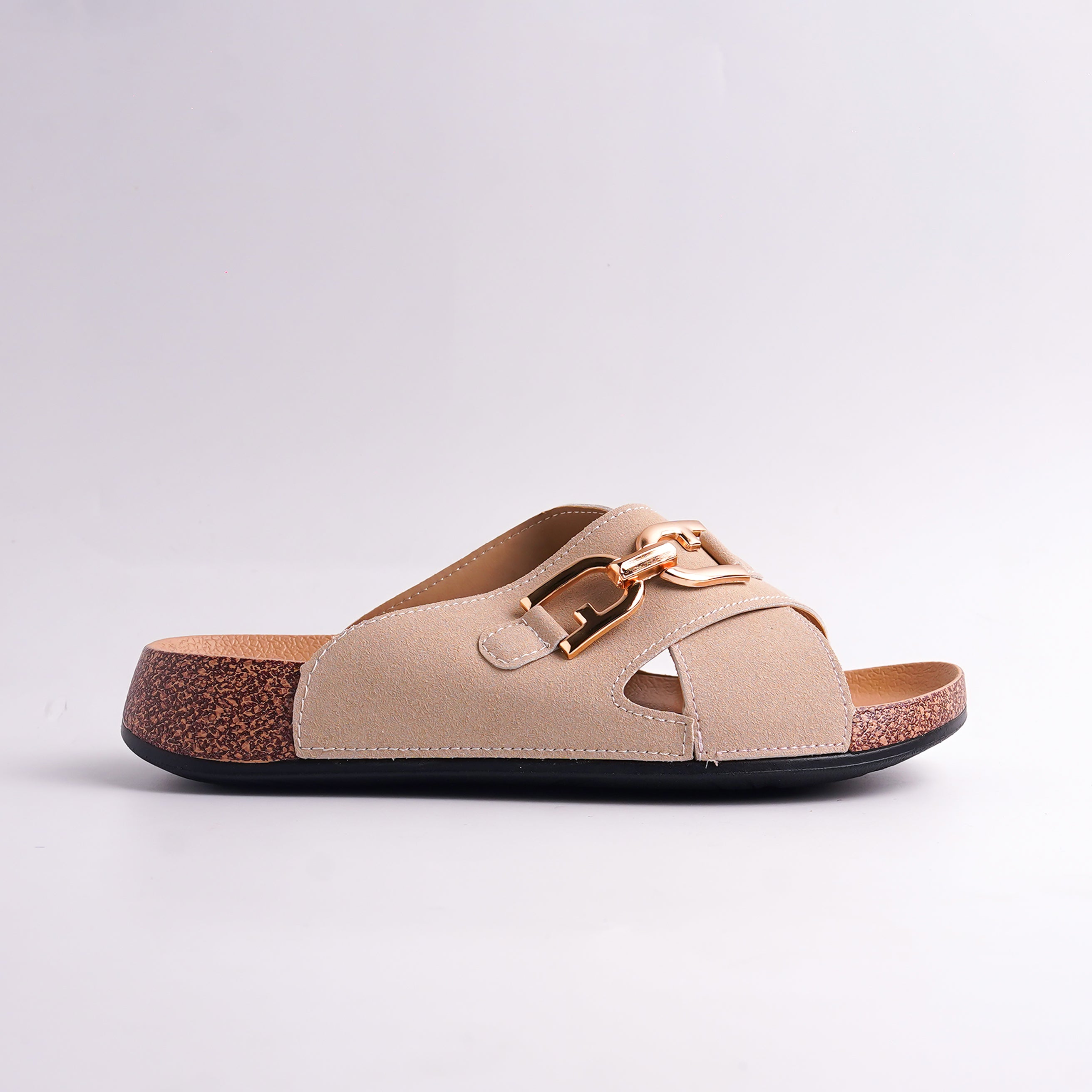 Beige sandal with a gold buckle on a light gray background