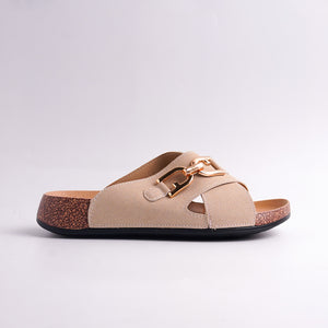 Beige sandal with a gold buckle on a light gray background