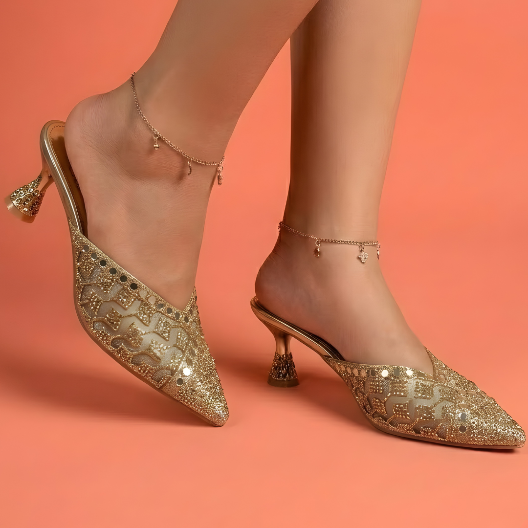 Alayna Fashion | The Luna Metallic Block Heels – Contoured Square-Toe Festive Sandals