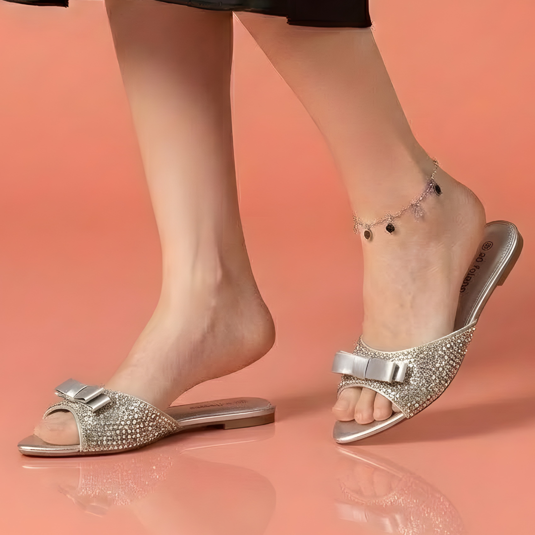 Alayna Fashion | Luxe-Orbit Festive Slides – Metallic Criss-Cross Flat Fancy Slippers