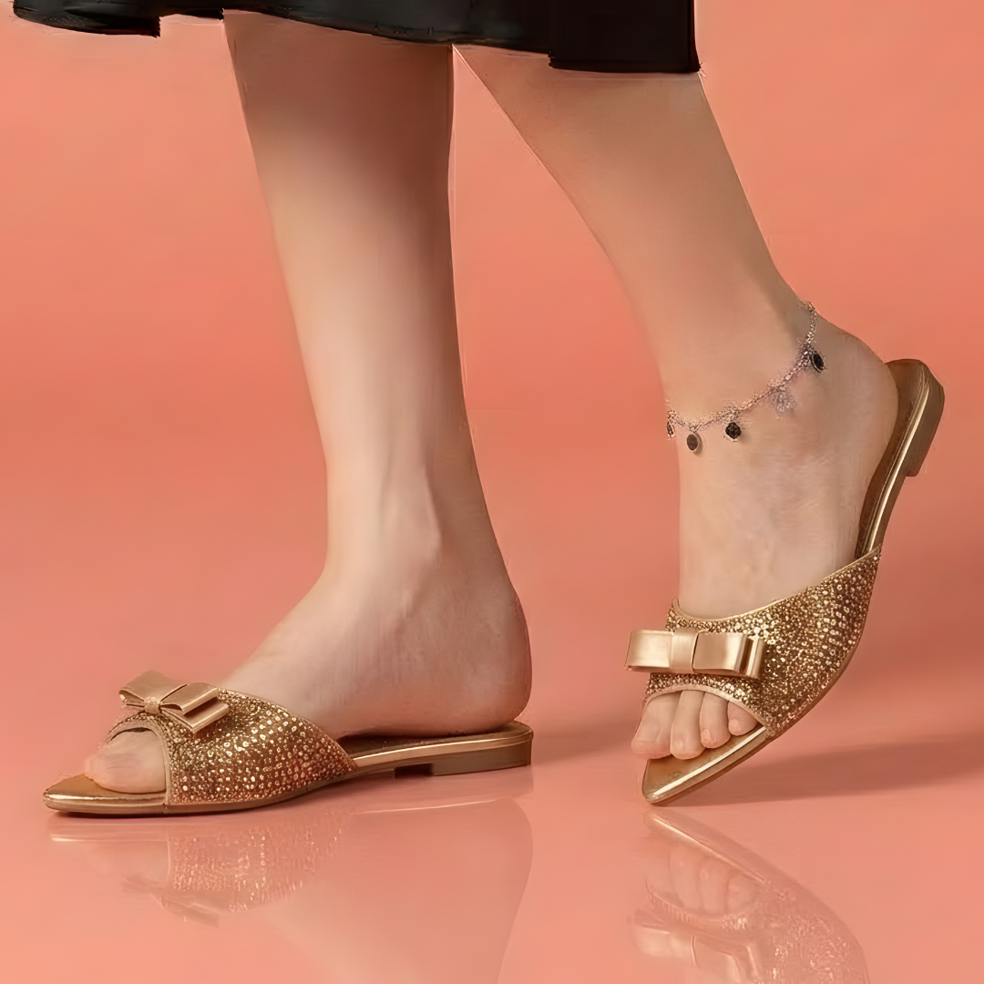 Alayna Fashion | Luxe-Orbit Festive Slides – Metallic Criss-Cross Flat Fancy Slippers