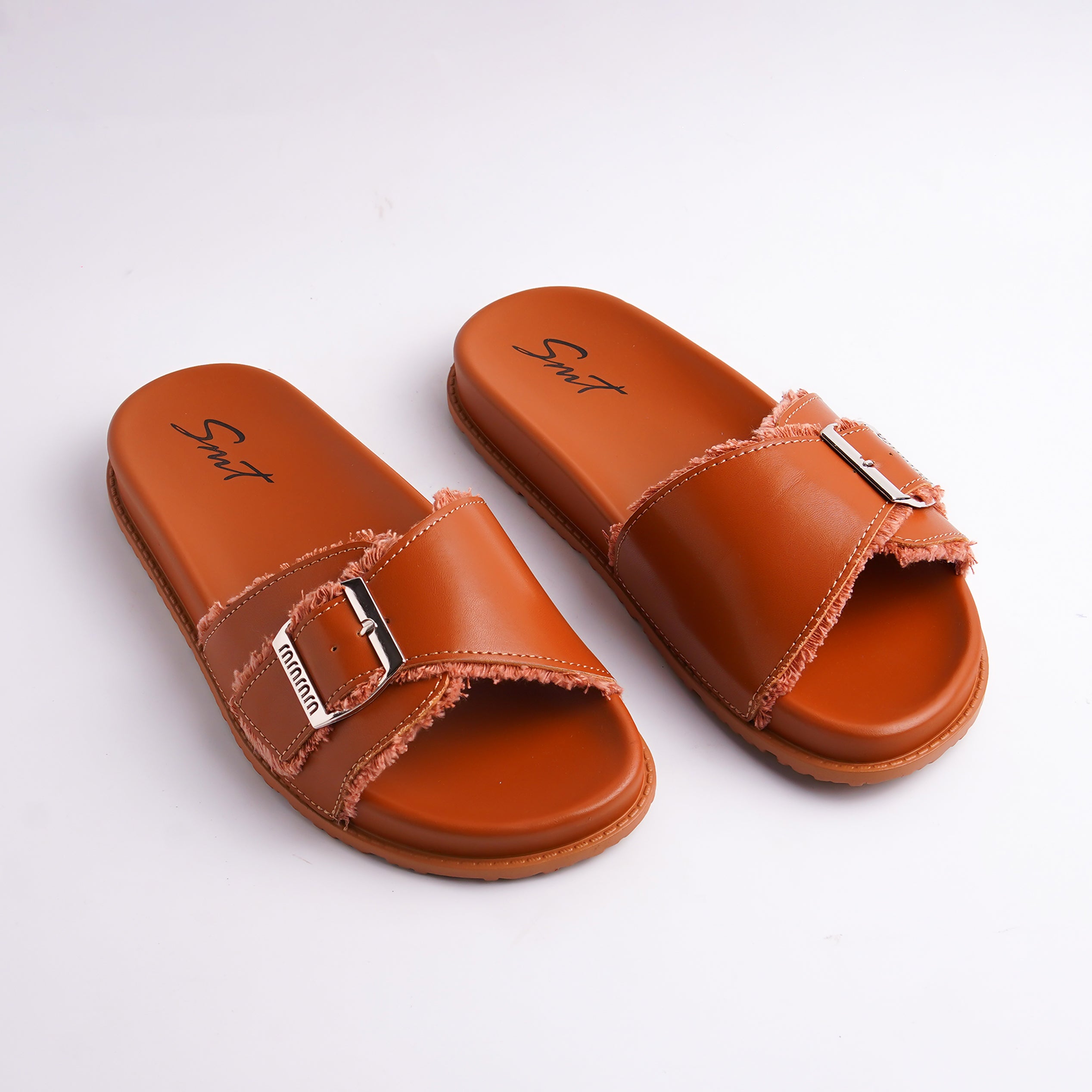 Alayna Fashion | Brown Frayed Edge Cross-Strap Slides
