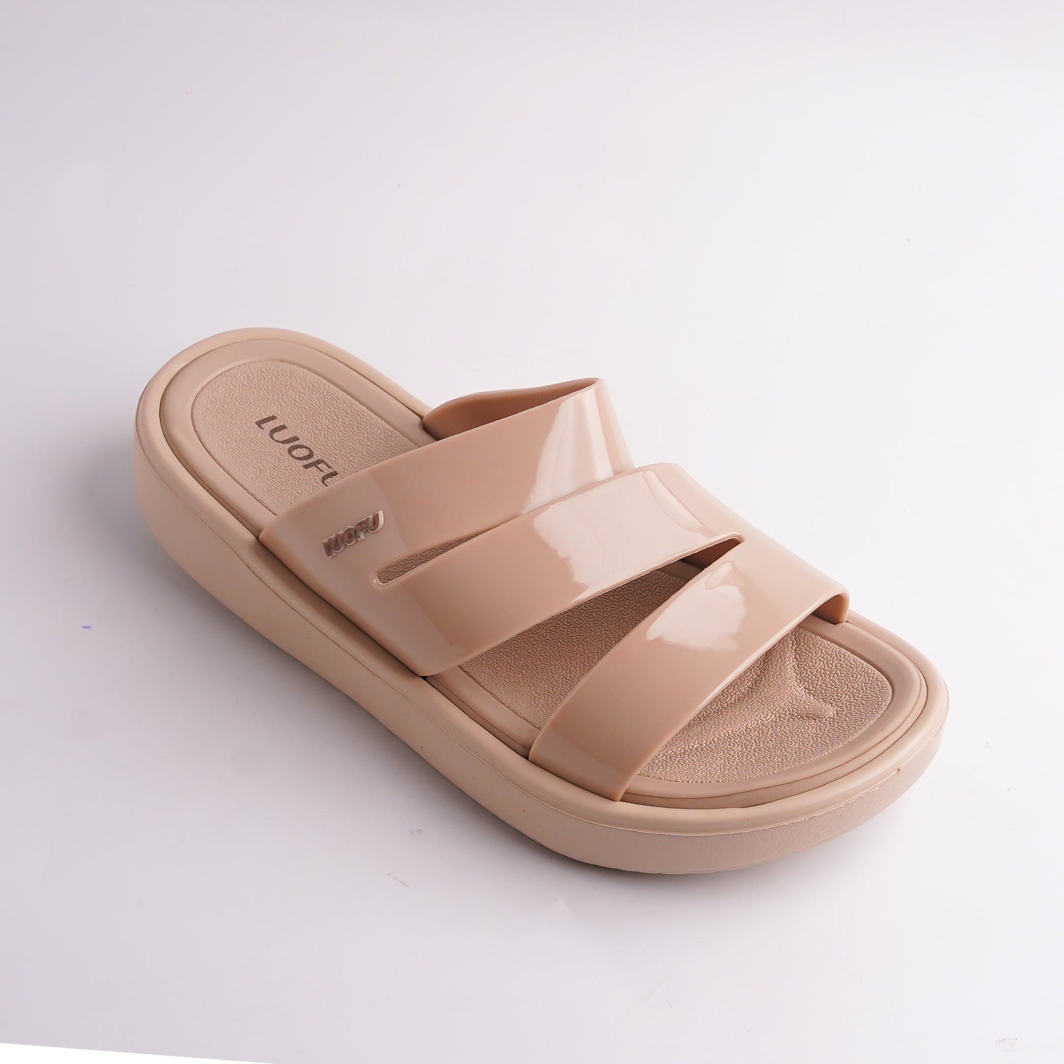 Close-up of the adjustable pink double buckle detail on the Cloud Slide.