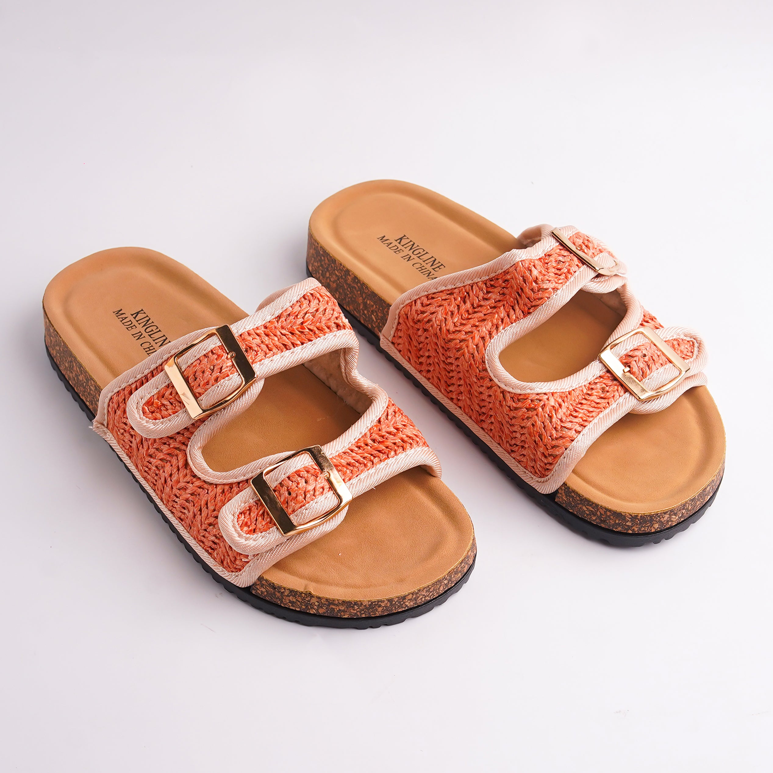 Alayna Fashion pair of Orange Woven Two-Strap Cork Sandals with adjustable gold buckles, top view.