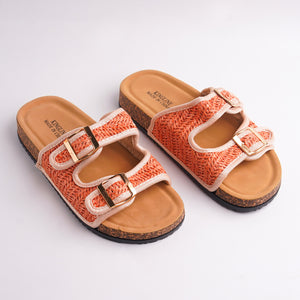 Alayna Fashion pair of Orange Woven Two-Strap Cork Sandals with adjustable gold buckles, top view.