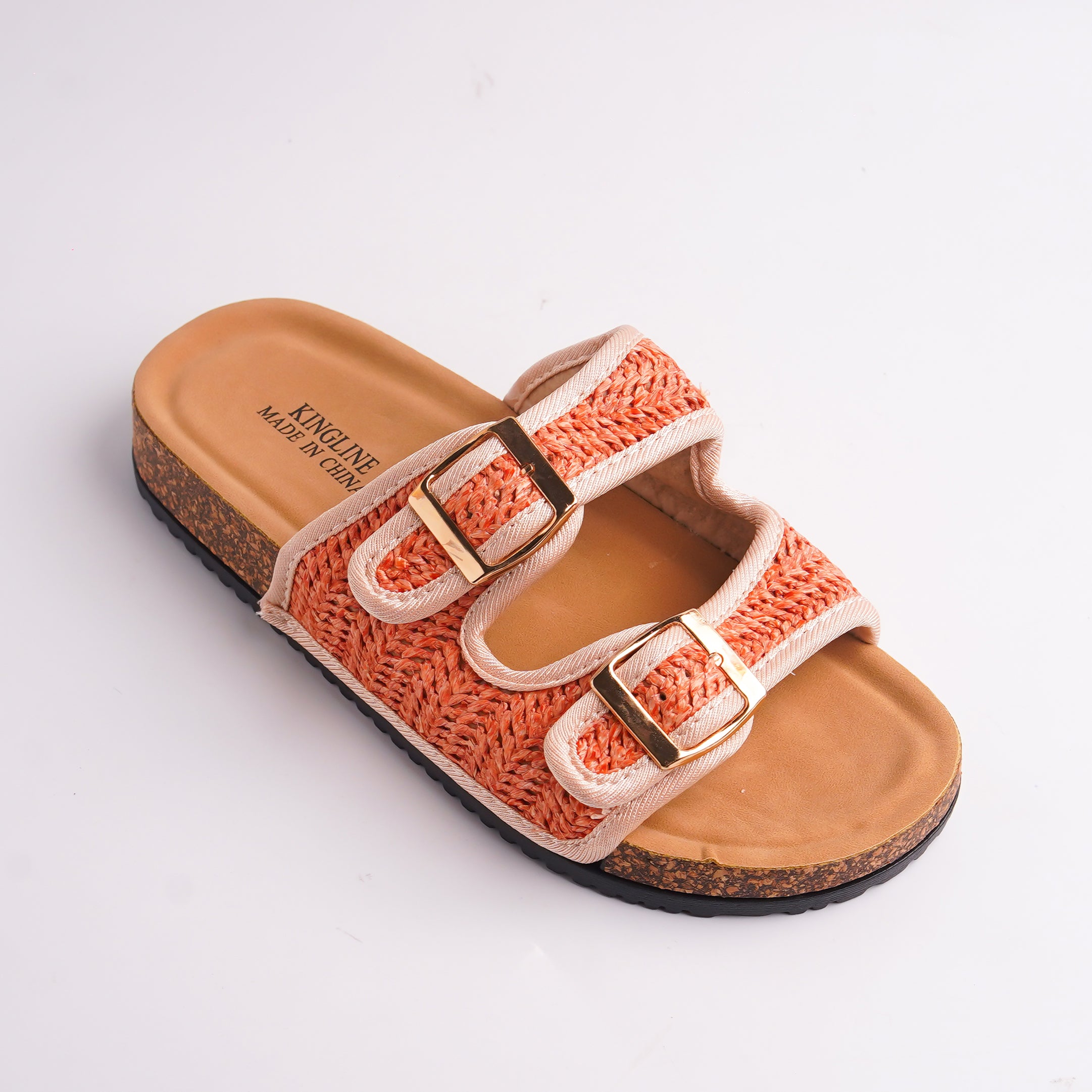 Side view of Orange Woven Cork Sandal showing the textured straps and natural cork footbed.