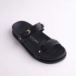 Alayna Fashion Women's Black Two-Strap Slides with gold buckle, side profile, flat sole.