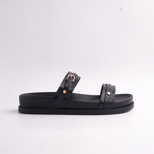Top angled view of Black Two-Strap Ladies Casual Sandals with gold studs and ER FISH COMFORT branding.