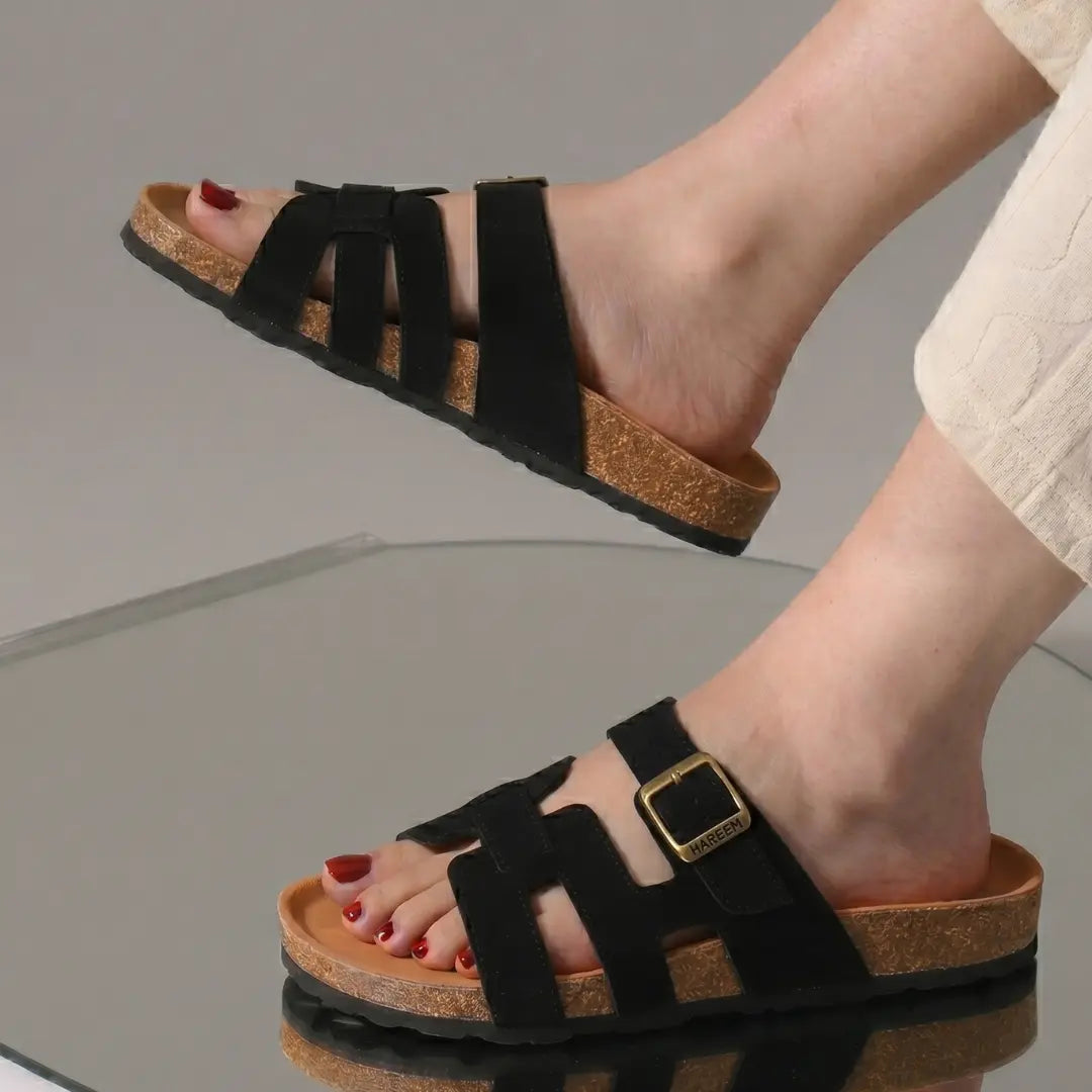 Alayna Fashion | Premium Suede H-Strap Adjustable Cork Slides