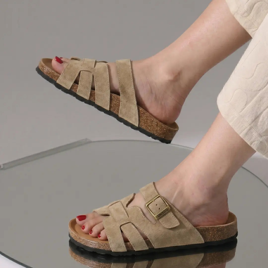 Alayna Fashion | Premium Suede H-Strap Adjustable Cork Slides