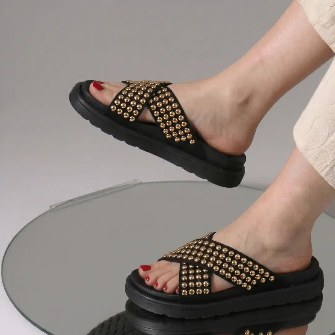 Alayna Fashion | Studded Cross-Strap Slides – Chunky Platform Sandals