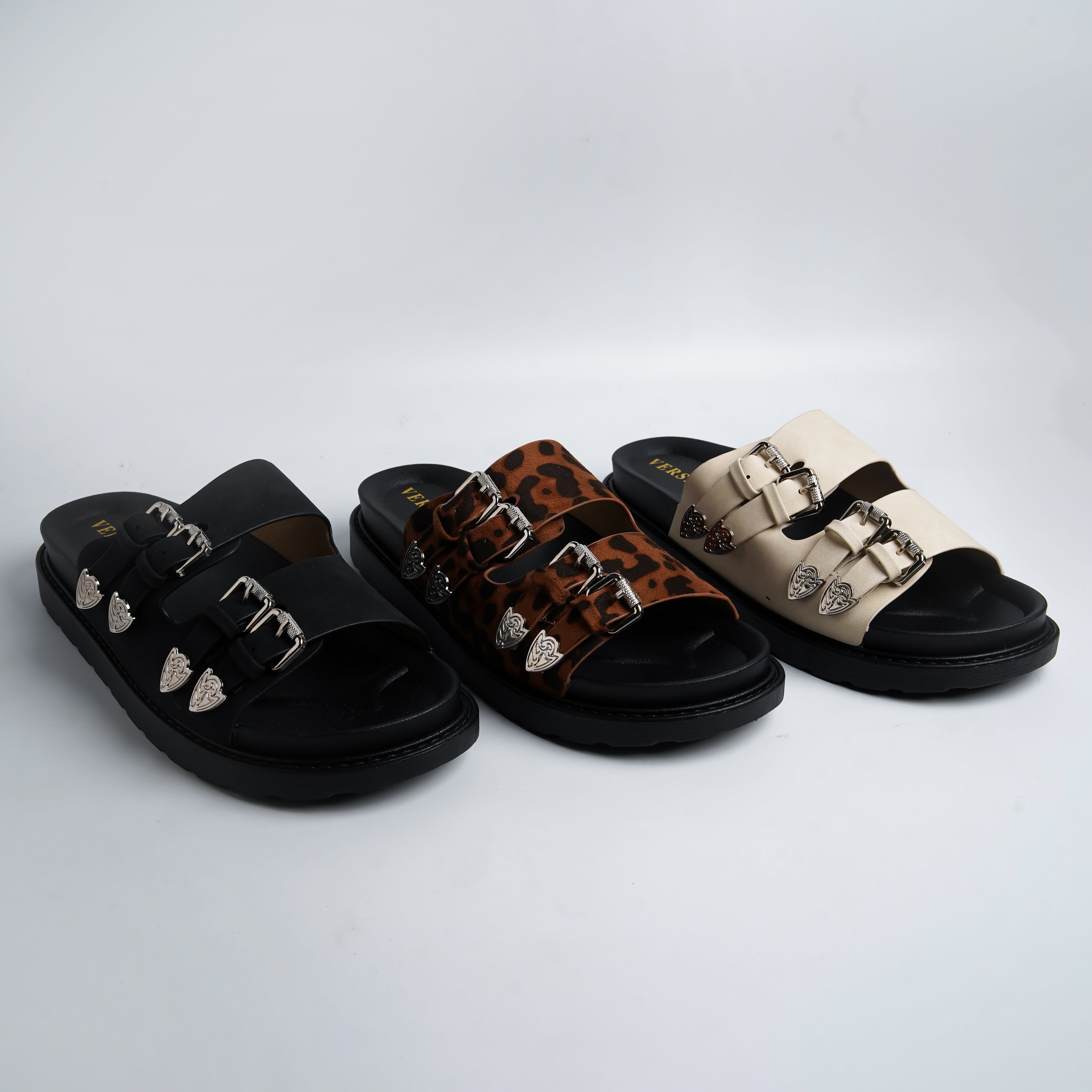 Alayna Fashion | Western Heart-Buckle Double-Strap Platform Slides