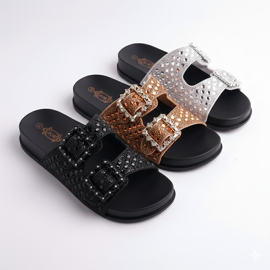 Alayna Fashion | Dazzling Rhinestone Double Buckle Slides – Glamorous Party Flats