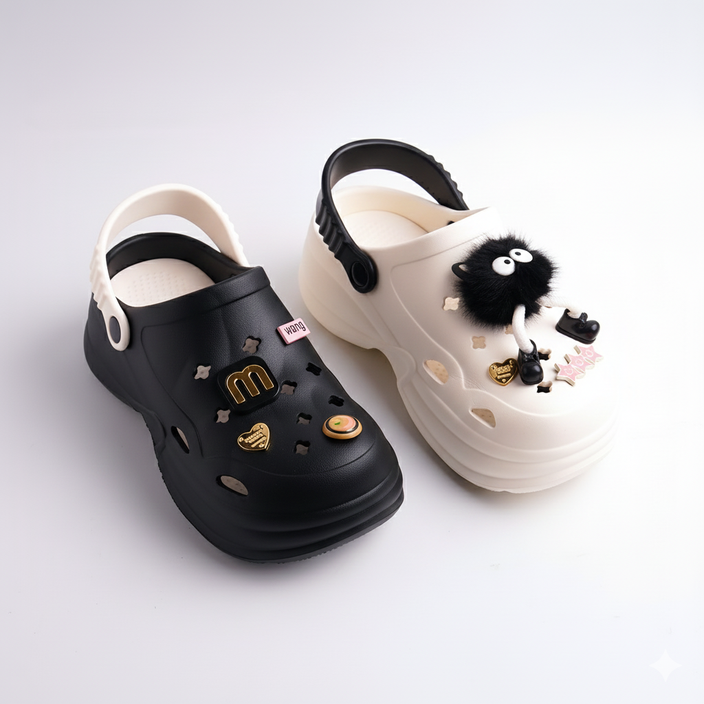 Alayna Fashion | Chunky Platform Charm Clogs – Black & White Novelty Sandals