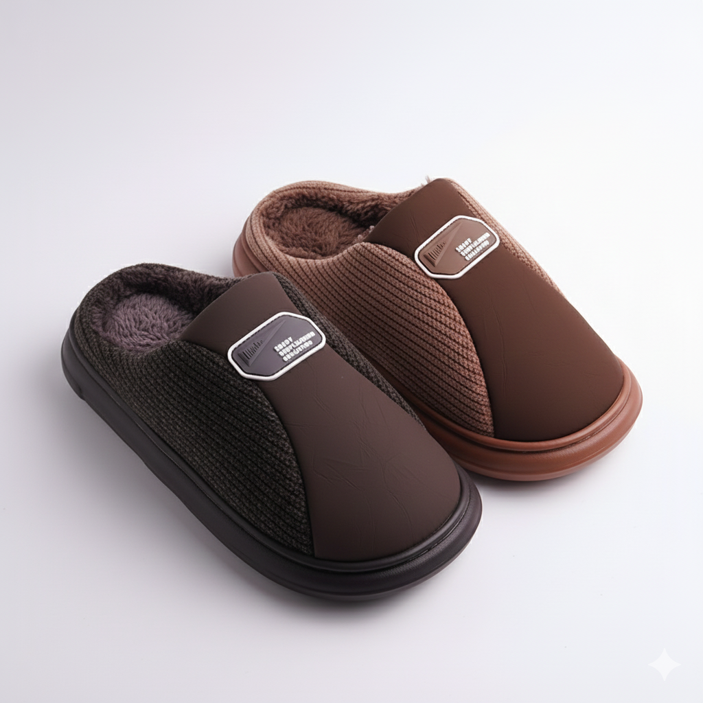 Alayna Fashion | Cozy Faux Fur Lined Knit Slippers – Brown & Grey Winter Home Shoes