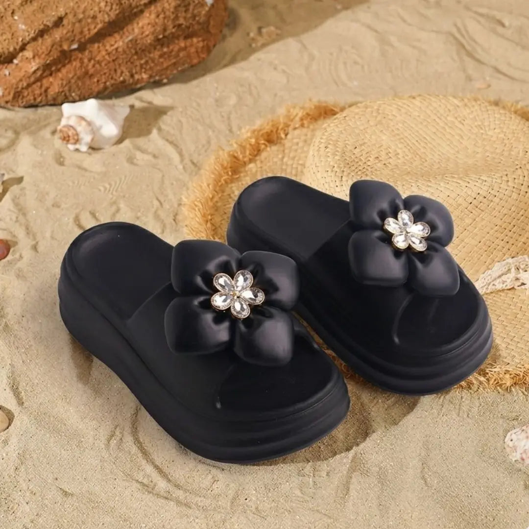 Alayna Fashion | Platform Flower Slides – Rhinestone Chunky Sole Slides