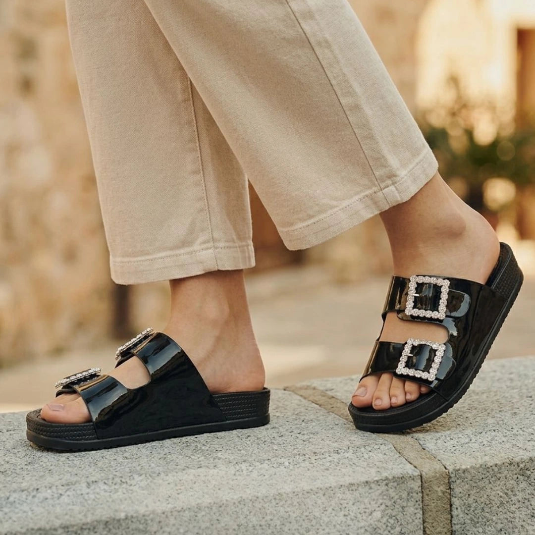 Alayna Fashion | Luxe Crystal-Buckle Double Strap Slides – Glossy Metallic Party Flats