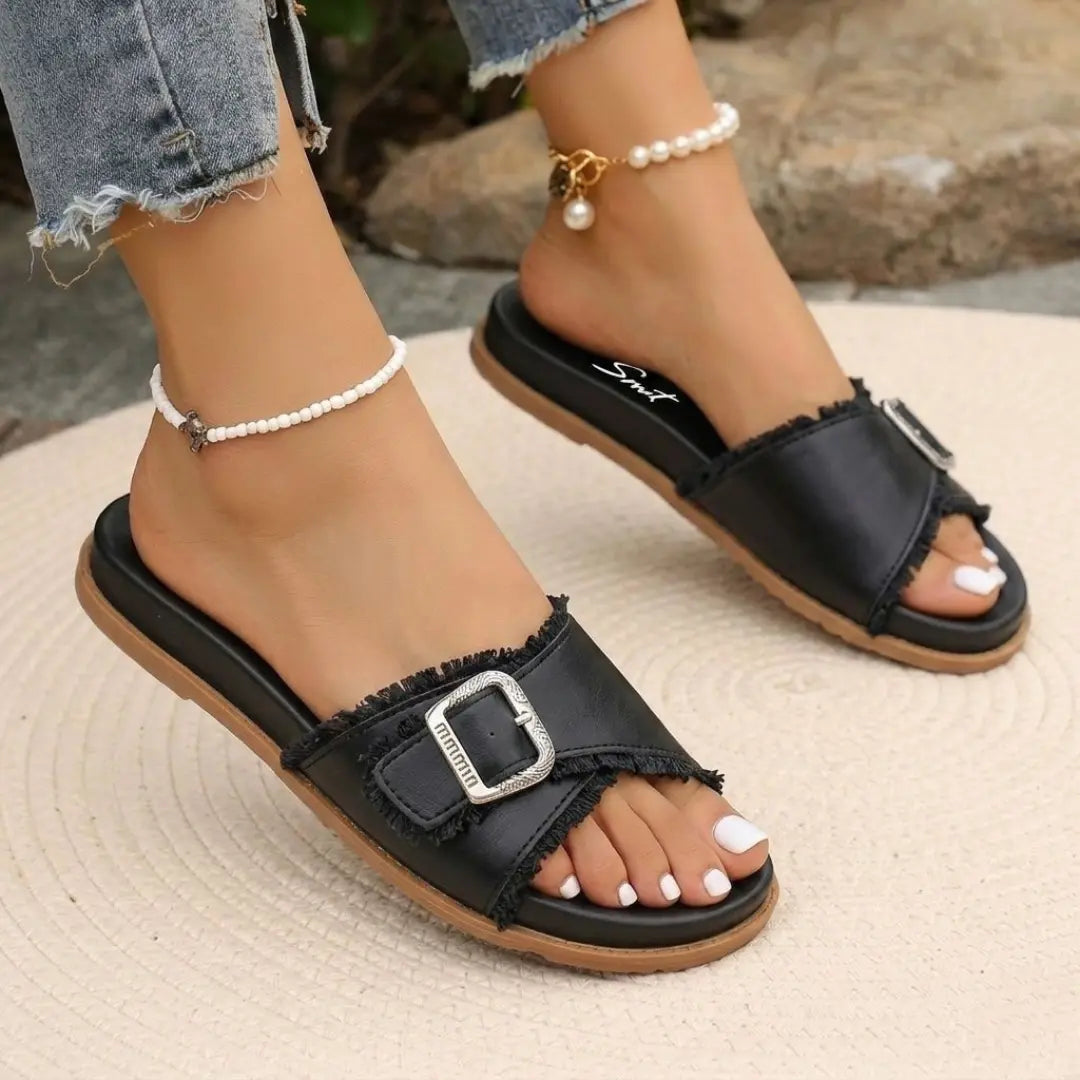 Alayna Fashion | Brown Frayed Edge Cross-Strap Slides