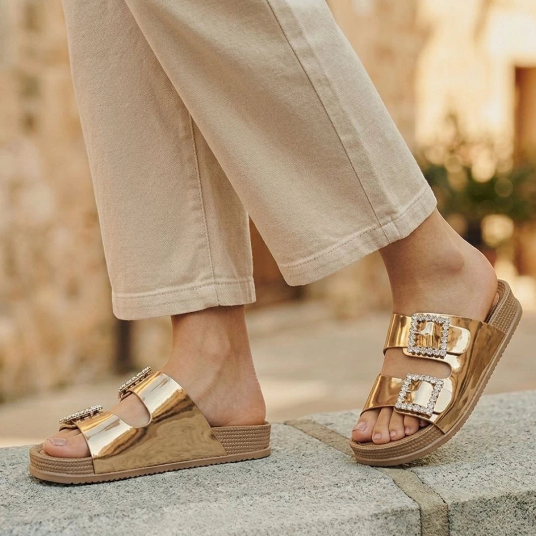 Alayna Fashion | Luxe Crystal-Buckle Double Strap Slides – Glossy Metallic Party Flats