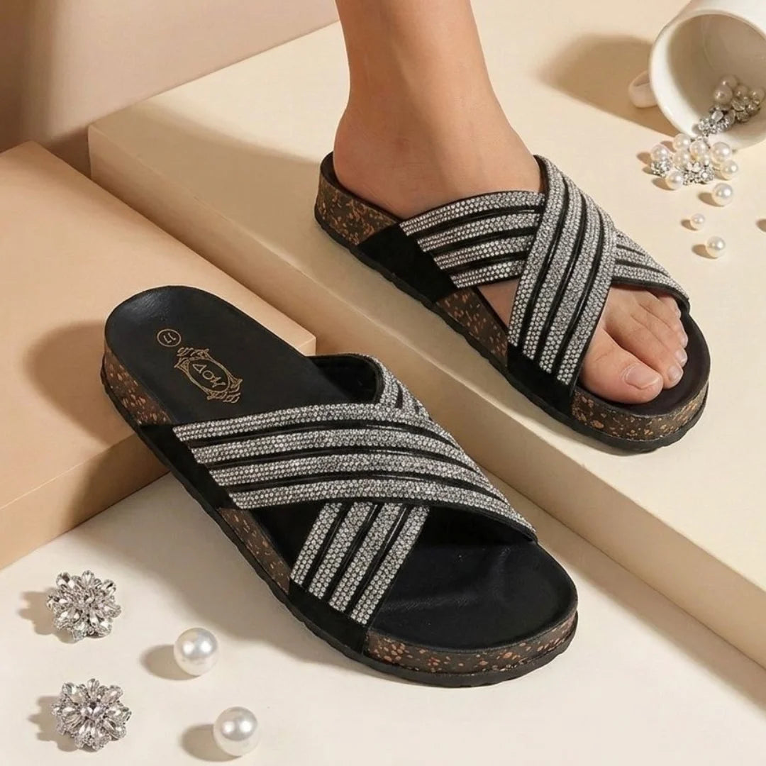 Alayna Fashion | Shimmering Rhinestone Multi-Strap Cross Slides