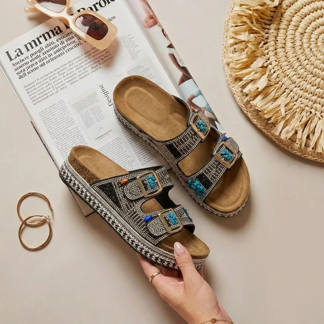 Alayna Fashion | The Nomad-Chic Artisan Platforms – Hand-Embellished Double-Buckle Wedges