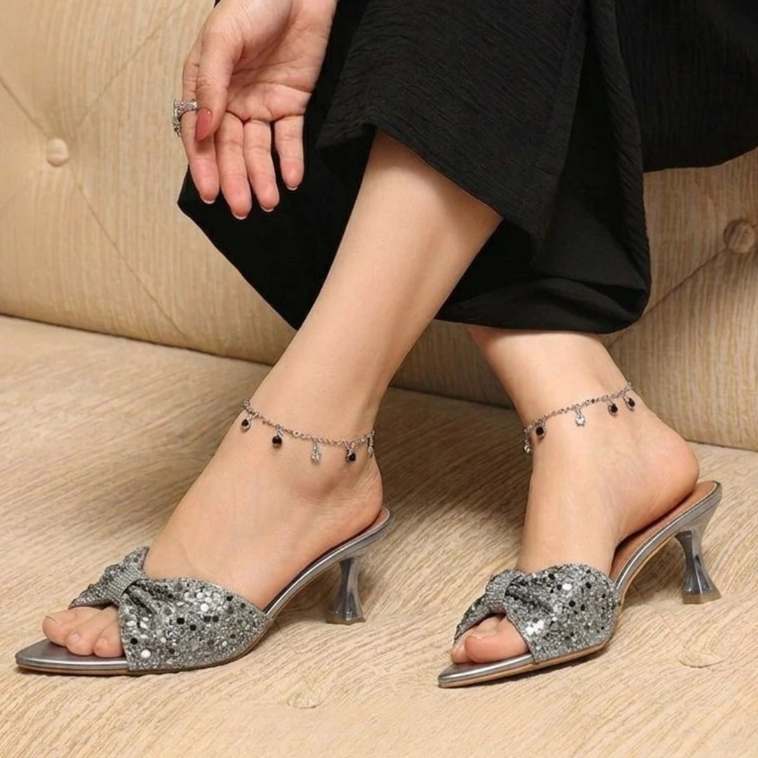 Alayna Fashion | The Stellar-Glaze Bow Mules – Sequin-Mesh Pointed Festive Heels