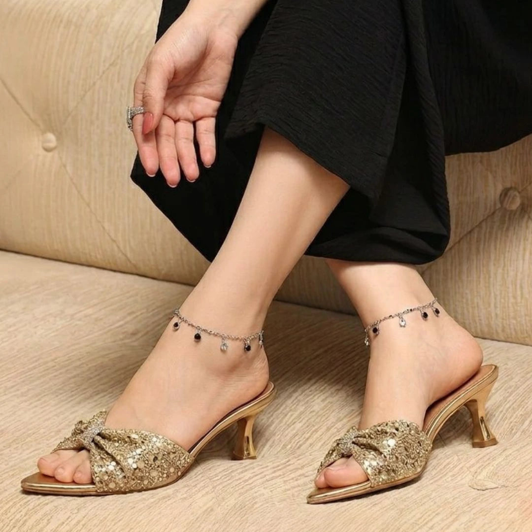 Alayna Fashion | The Stellar-Glaze Bow Mules – Sequin-Mesh Pointed Festive Heels