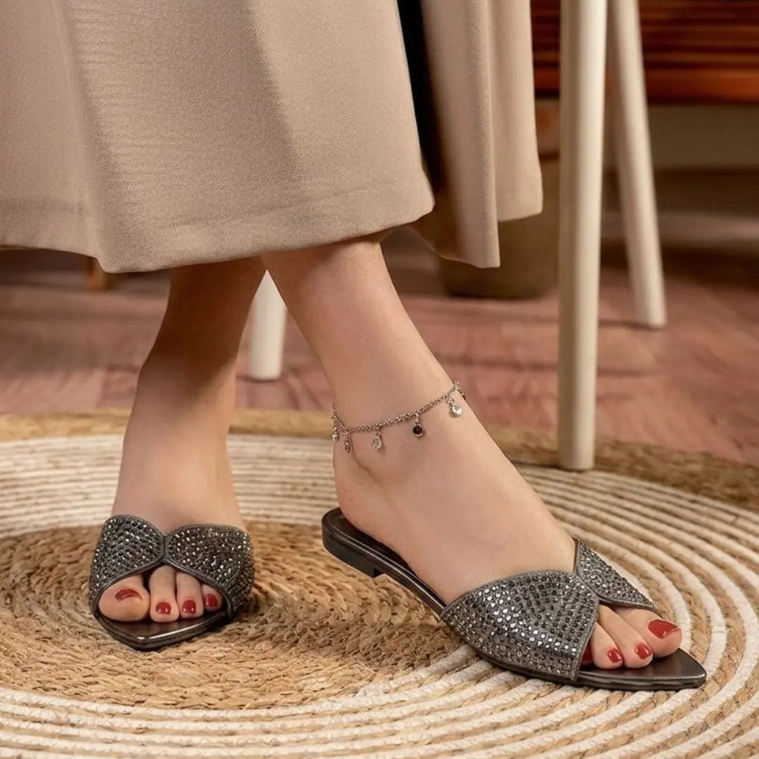 Alayna Fashion | The Aura-Glow Crystal Slides – Tapered-Toe Rhinestone Festive Slippers