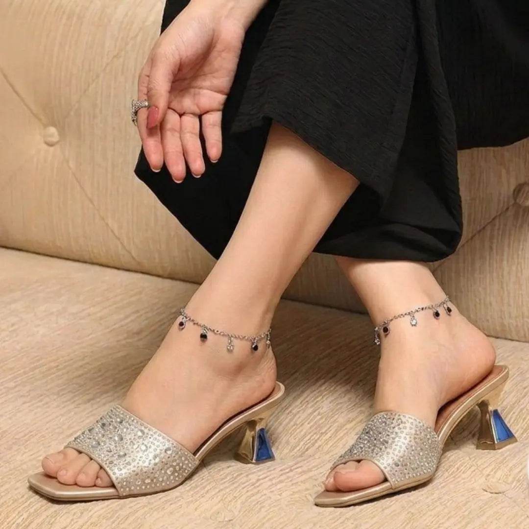 Alayna Fashion | The Zenith Crystal Trumpet Mules – All-Over Shimmer Pointed Heels