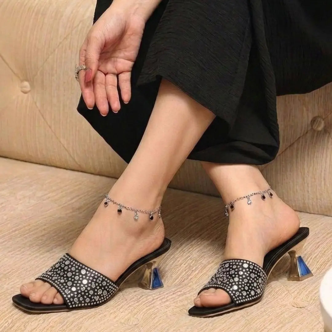 Alayna Fashion | The Zenith Crystal Trumpet Mules – All-Over Shimmer Pointed Heels