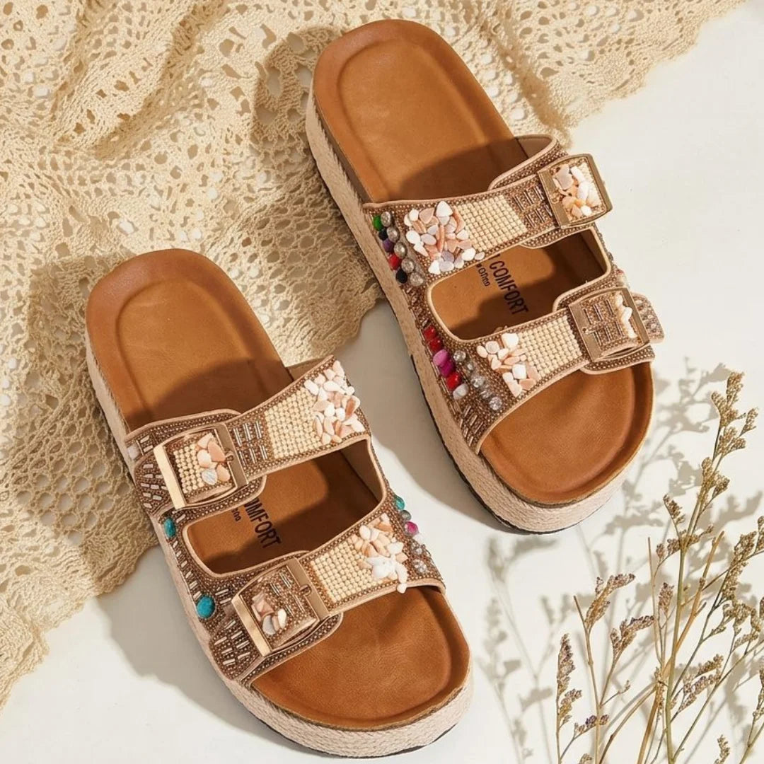 Alayna Fashion | Embellished Beaded Platform Slides – Luxury Double Buckle Sandals
