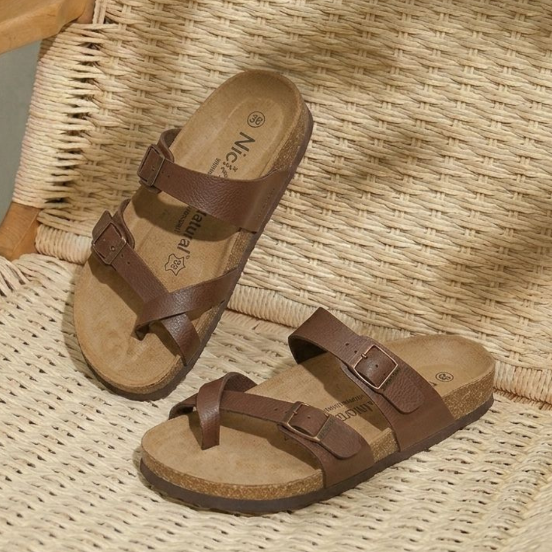 Alayna Fashion | Toe-Loop Cork Comfort Sandals – Double Buckle Nicola Flats