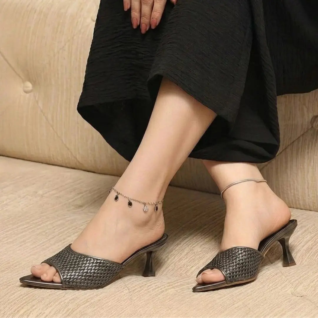 Alayna Fashion | The Glimmer-Point Festive Mules – Embellished Low-Heel Metallic Slides