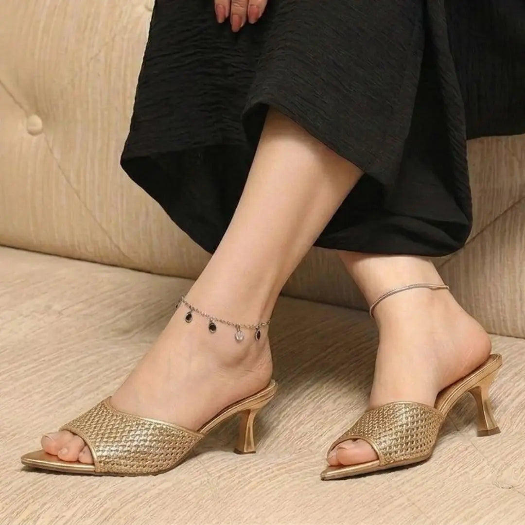 Alayna Fashion | The Glimmer-Point Festive Mules – Embellished Low-Heel Metallic Slides