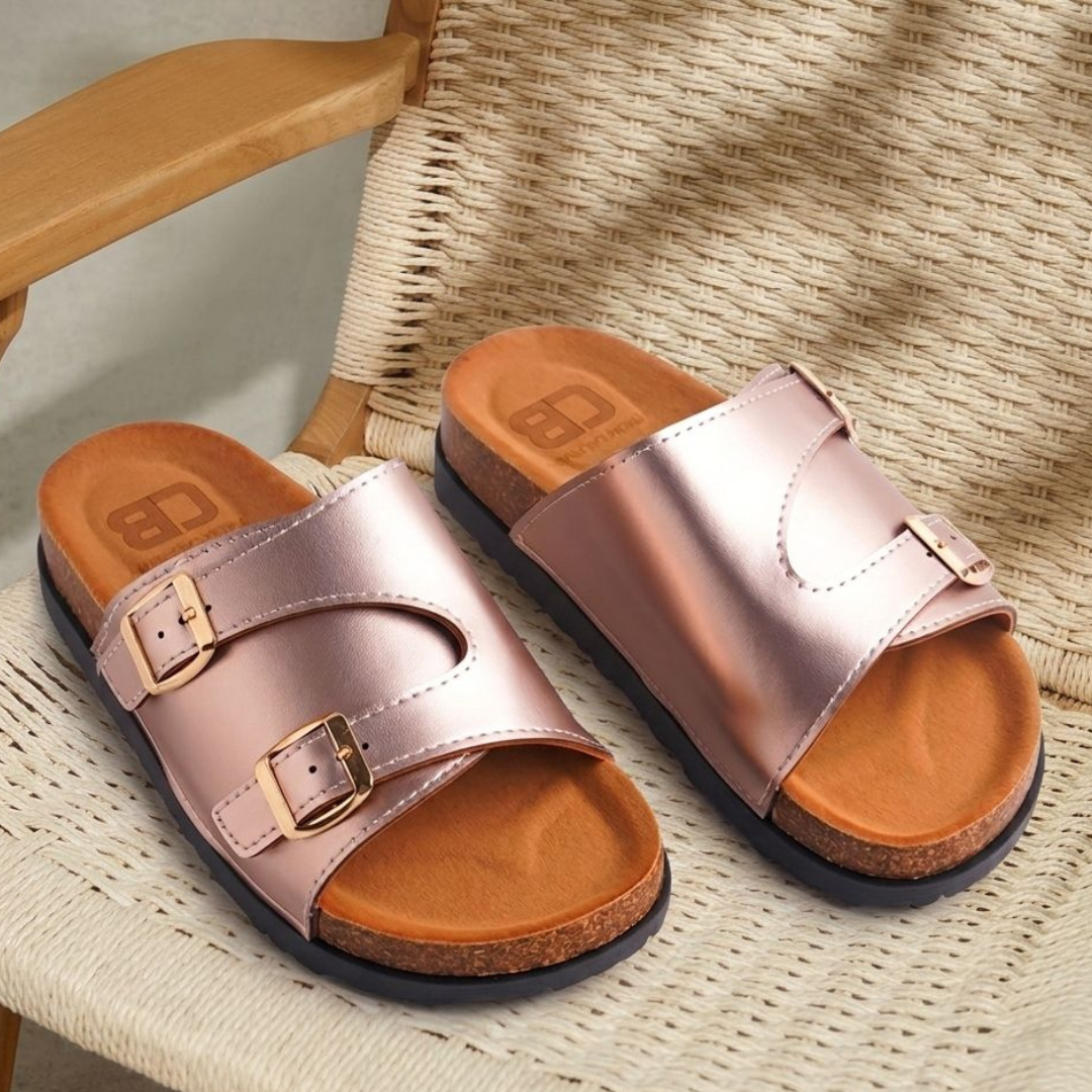 Alayna Fashion | Double Buckle Cork Slides – Metallic Comfort Sandals