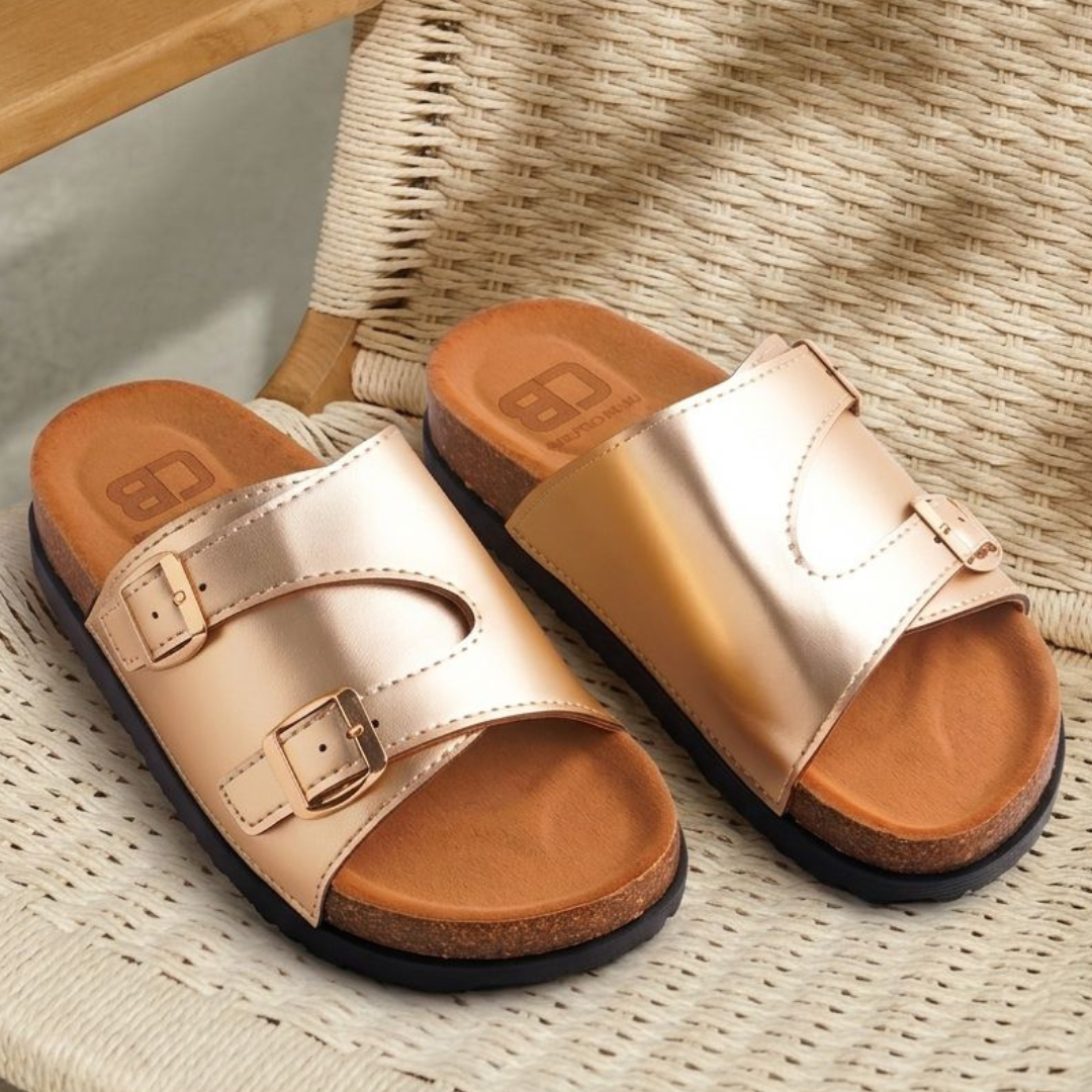Alayna Fashion | Double Buckle Cork Slides – Metallic Comfort Sandals