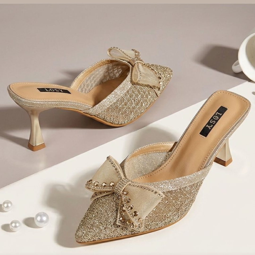 Alayna Fashion | The Aurora Mesh-Bow Heeled Mules – Crystal-Dusted Pointed Festive Heels